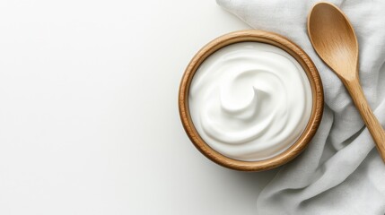 A wooden bowl holds creamy yogurt alongside a spoon on a burlap cloth, creating a simple yet elegant setup perfect for healthy recipe ideas