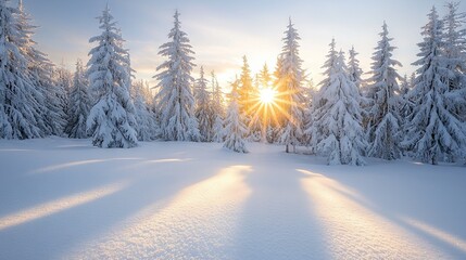   The sun brightly shines through snow-covered trees in a field, with snow-covered evergreens in the foreground