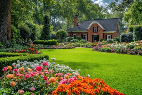 A beautiful home with a lush green lawn and colorful flower beds The house is red brick with black shutters on the windows and oversized garden behind it filled with various flowers Generative AI