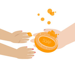 Woman passing soap to child. Hygiene education. Hand washing concept with mother.