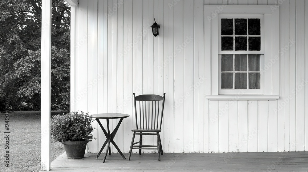 Sticker   A monochrome image shows two chairs and a table positioned before a white residence with an attached potted plant