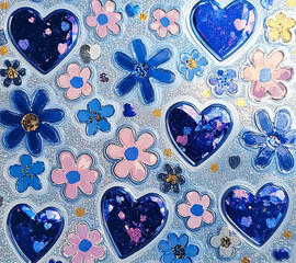 A vibrant and decorative pattern featuring blue and pink hearts and flowers, with glittering...