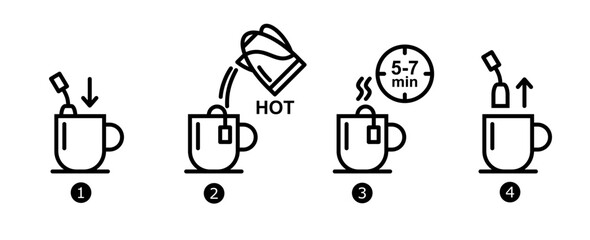 how to make a cup of tea step by step guideline (solid  black fill). vector making a cup of tea instruction for package, mockup, product, web, app, ui etc use.