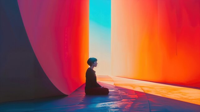 Contemporary Interior with Vibrant Coloured Lighting. Beautiful Modern Exhibition Space.