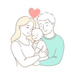 Happy family with baby, loving parents, minimalistic line art illustration