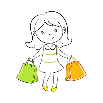recommend clip art: Girl shopping with colorful bags, happy mood, cartoon line art illustration