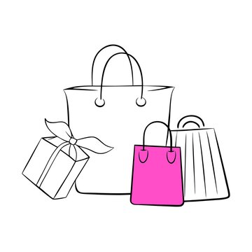 recommend clip art: Shopping bags with gift box, minimalistic line art illustration, holiday shopping concept