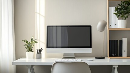 Fototapeta premium Stylish Minimalist Home Office Setup with Clean Lines and Neutral Colors