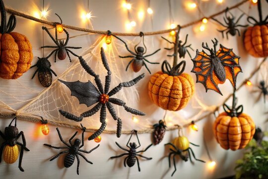Creepy crawly insect garland for a spooky Halloween party mood eerie style slithery technical embroidery