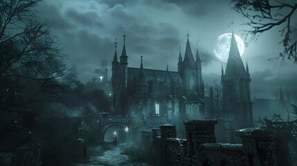 Vampires in a gothic castle under a full moon