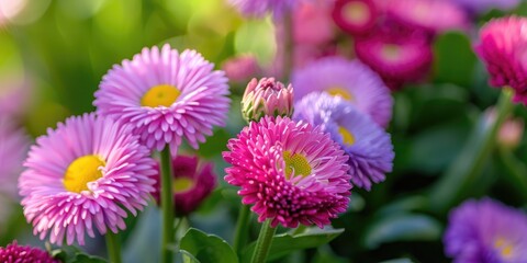 Close up of colourful pink and purple English daisy bellis perennis flowers with shallow depth of field and selective focus Purple daisy with pink petals