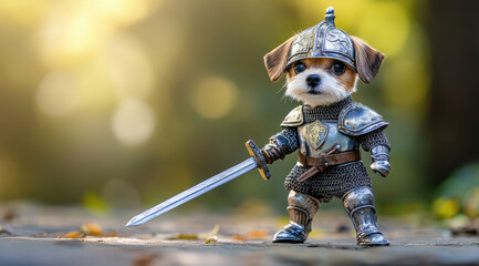 Small Dog Knight in Armor Attacking with Sword Full Figure