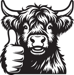 Cute Highland Cow Thumbs Up Stylized Vector Illustration