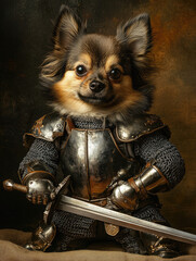 Small Dog Knight in Armor Attacking with Sword Full Figure