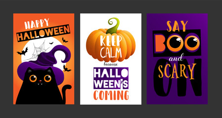 Set of halloween cards, posters, flyers and other. Vector illustrations with black cat. Halloween poster designs with symbols and calligraphy. Funny halloween cards set
