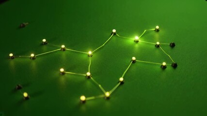 Glowing Circuit Board Lines Animating and Connecting Nodes to Form a Network on a Green Background - Powered by Adobe