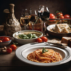 kuchnia włoska - makaron spaghetti i wino. © Fotosmagoria