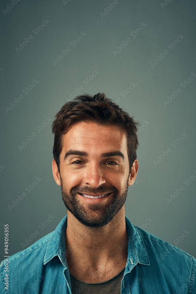 Poster happy, smile and portrait of man in studio with positive attitude, confidence and pride. handsome, a