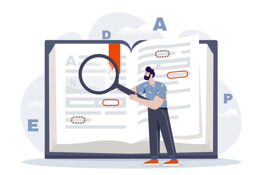 Information search concept. Man with manifying glass look at book. Male article author or editor looking for errors in text. Correcting grammatical errors in content. Flat vector illustration