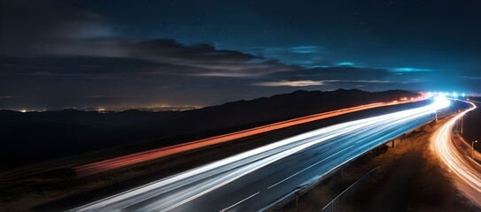 Obraz premium A long-exposure photo of a highway at night, showcasing vibrant streaks of light from moving vehicles against a dark backdrop. The image captures the dynamic motion and energy of the scene.