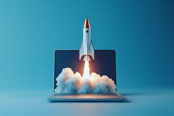 Creative 3D Illustration of a Rocket Launching From a Laptop Screen, Symbolizing Innovation, Technological Advancements, and the Power of New Ideas Taking Off in the Digital World