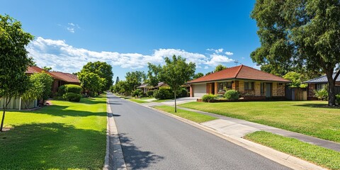 Fototapeta premium Suburban Street with Well-Maintained Family Home and Manicured Lawn