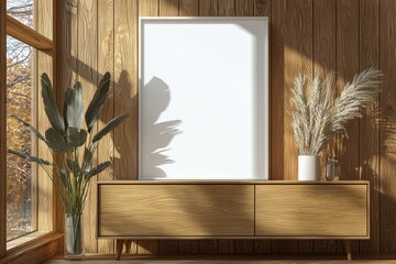 Poster Frame Mockup on Wooden Interior Background created with Generative AI