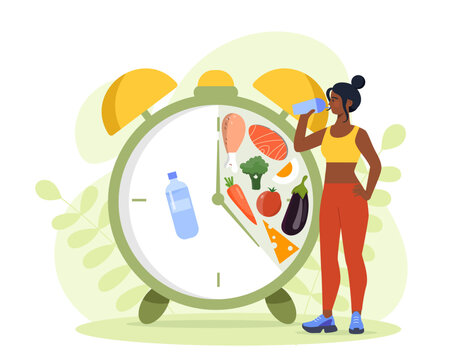 Intermittent fasting woman. Girl with proper diet and nutrition. Active lifestyle and healthy eating with vitamins. Intuitive eating for weight loss. Flat vector illustration isolated on background