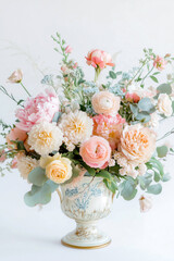 Bouquet of yellow and light orange anemones, roses and ranunculus in a vintage vase.