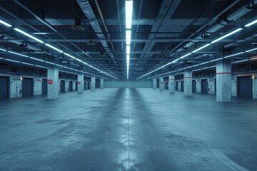 Fototapeta premium Empty Industrial Garage with Fluorescent Lights and Concrete Floor