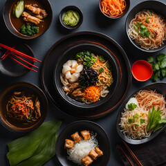 Kuchnia azjatycka - różne dania, widok z góry