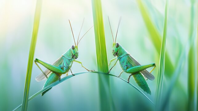   A pair of grasshoppers perched on a blade of green grass against a blue backdrop
