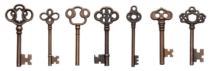 A collection, one raw of vintage skeleton keys isolated against a transparent background
