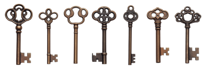 A collection, one raw of vintage skeleton keys isolated against a transparent background