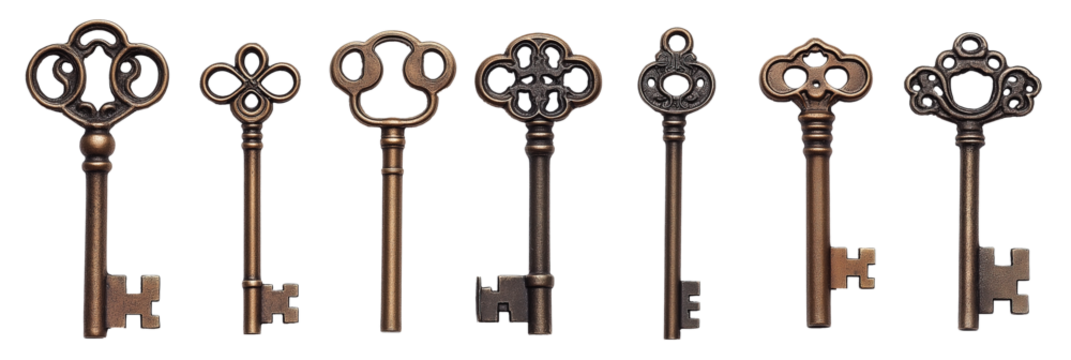 A collection, one raw of vintage skeleton keys isolated against a transparent background