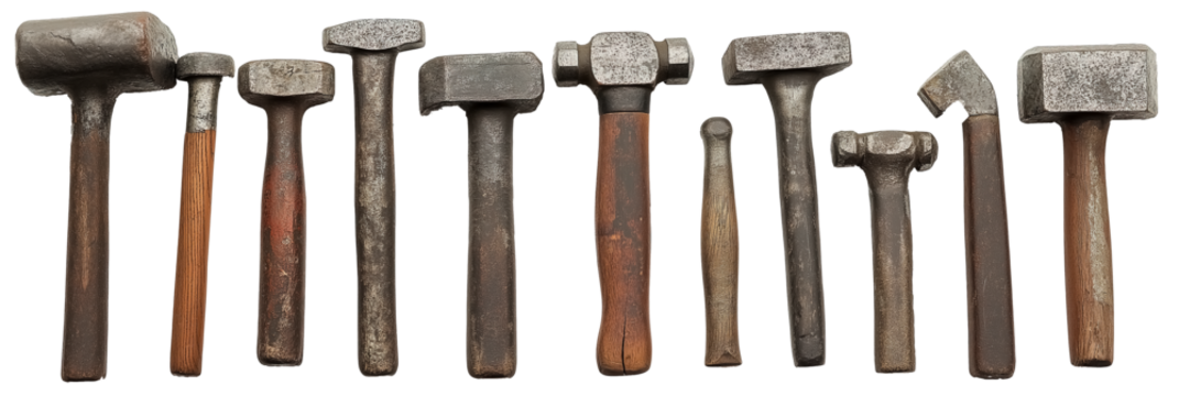 A set, one raw of old vintage hammers isolated on a transparent background - Powered by Adobe