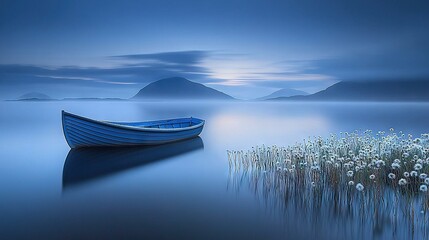   A boat glides atop water beside dandelion fields under a cloudy canopy