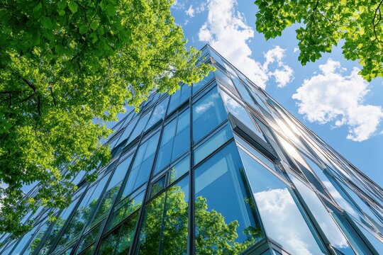 A modern office building with glass windows and trees outside, illuminated by sunlight against the blue sky Generative AI