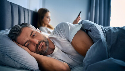 Ein Mann mittleren Alters liegt schlaflos und traurig im Bett von seiner Partnerin weggedreht, während seine Frau sich mit ihrem Smartphone beschäftigt.
