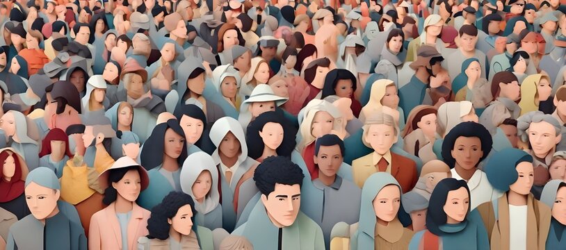 A large crowd of diverse people in a paper cut-out style, showcasing various figures with distinct features and colors, creating a visually engaging and inclusive representation.