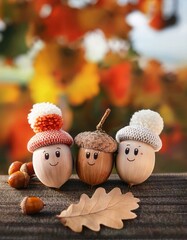 cute Family of acorns in hats, funny emotion faces. children's creativity, DIY idea for fall season. acorns, berries and oak leaves, symbol of autumn