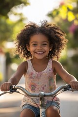 Obraz premium Joyful Child Riding Bicycle in Sunny Neighborhood - Childhood Happiness and Freedom