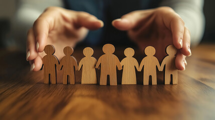 Woman's hands protecting wooden people icons on a table, for a business team or family protection