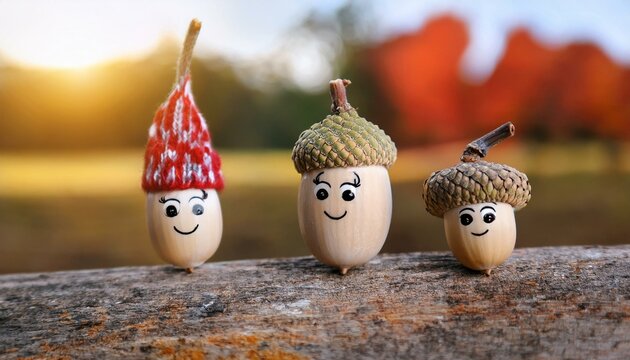 cute Family of acorns in hats, funny emotion faces. children's creativity, DIY idea for fall season. acorns, berries and oak leaves, symbol of autumn