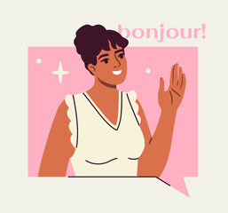 International communication concept. Woman with french word bonjour. Video conference in social networks. Chatting with friends online. Flat vector illustration isolated on beige background