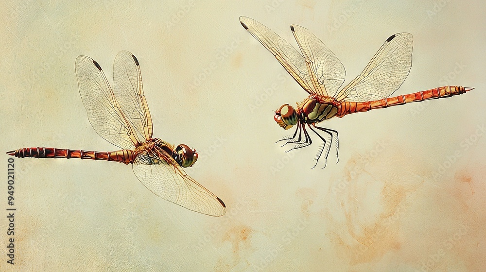 Wall mural   Two dragonflies flying in tandem against a beige and brown backdrop, one adorned in red while the other wears emerald hues