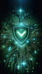 Fototapeta premium A green cyber security shield icon glowing on a black background with digital data and network connection technology concept