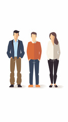 Fototapeta premium Three people standing in a line, one of them wearing a blue jacket. The man in the orange shirt is the tallest