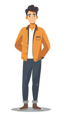 Obraz premium A man in a yellow jacket and blue jeans is smiling. He is standing in front of a white background
