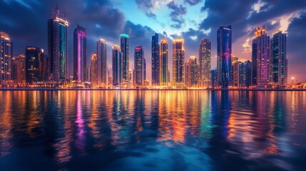 Fototapeta premium The glittering skyscrapers and vibrant lights of Dubai's Business Bay district create a breathtaking cityscape.